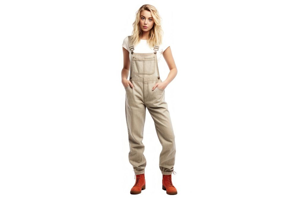 A pretty blonde at a county fair posing in a pair of micro overalls portrait khaki white background.