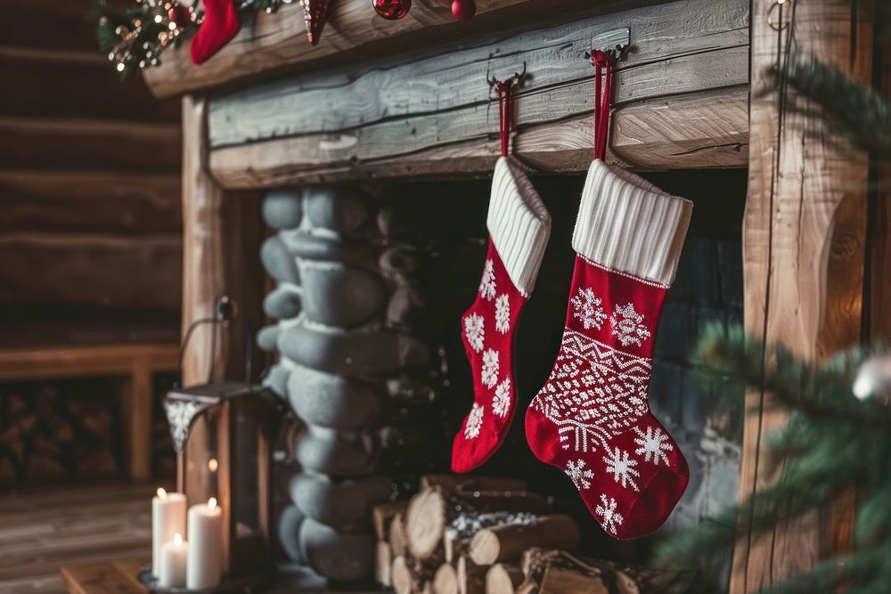 Photo of christmas socks fireplace hanging celebration.