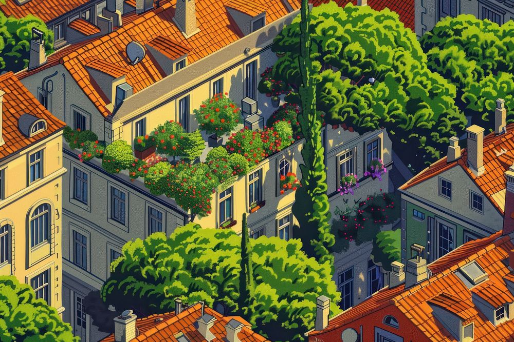 Isometric roof top garden house city town.