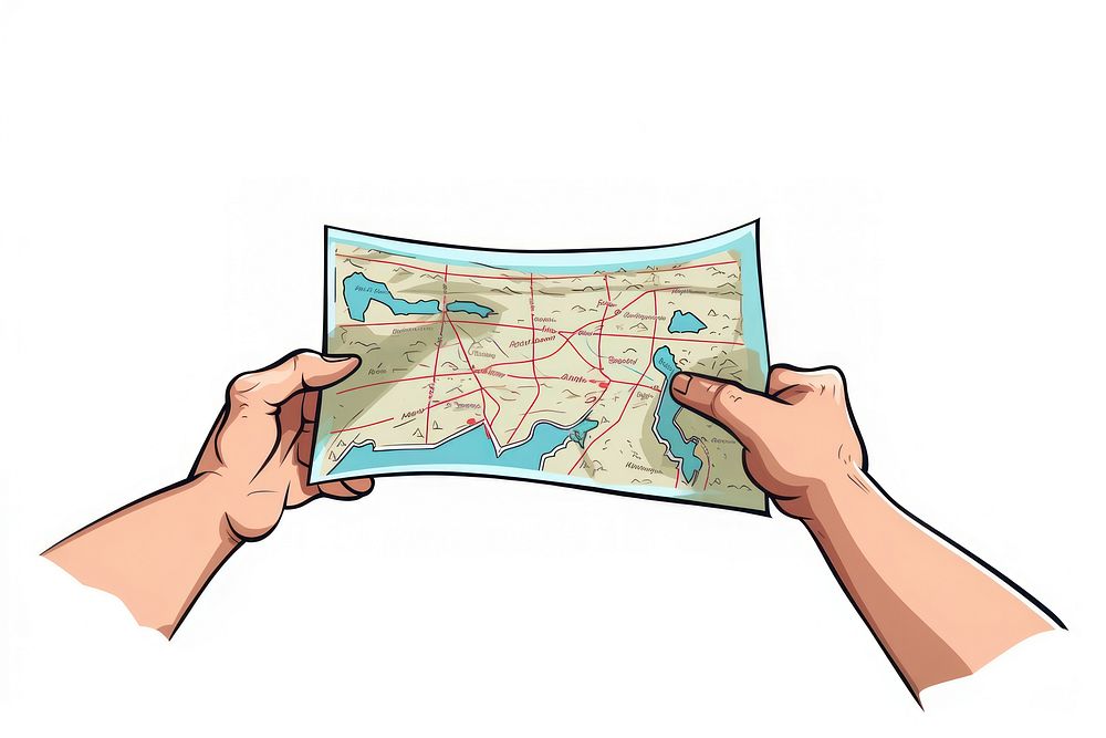 Human hand holding Map map cartoon diagram.
