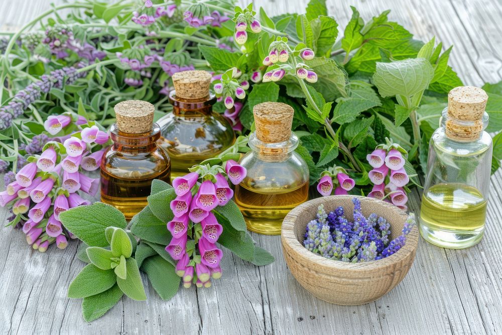 Foxgloves bottle herbs medicine.
