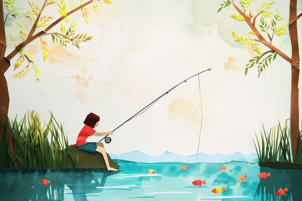 Fishing paper art recreation outdoors tranquility.