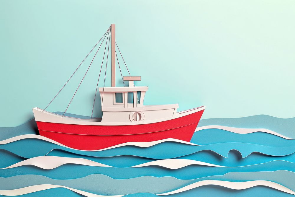 Red boat and the sea paper art watercraft sailboat vehicle.