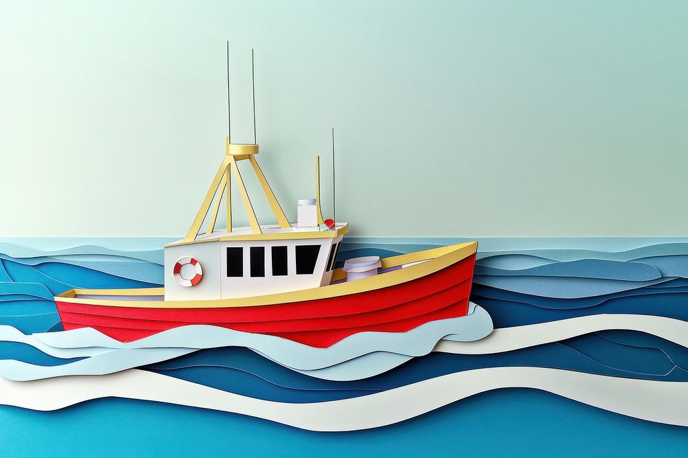 Red boat and the sea paper art watercraft vehicle transportation.