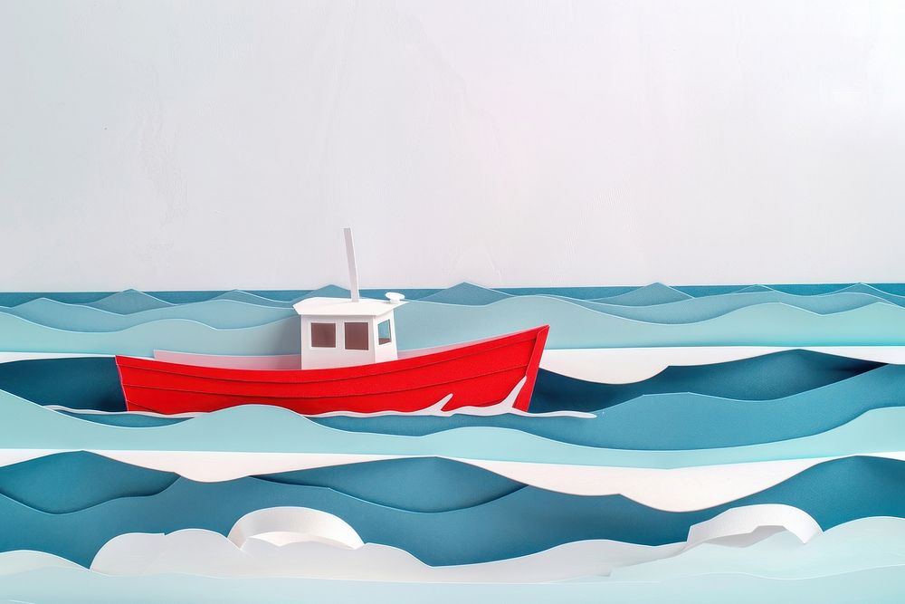 Red boat and the sea paper art watercraft outdoors vehicle.