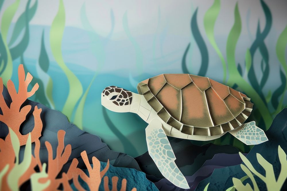 Turtle underwater paper art reptile animal undersea.