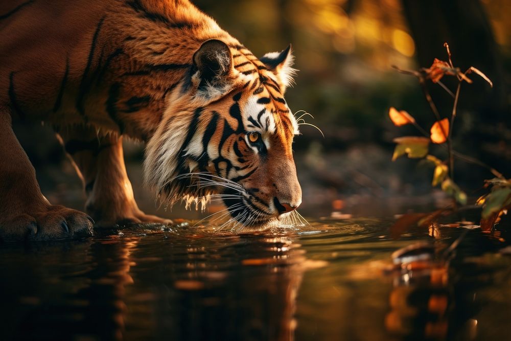 Tiger drinking at the river wildlife outdoors animal.