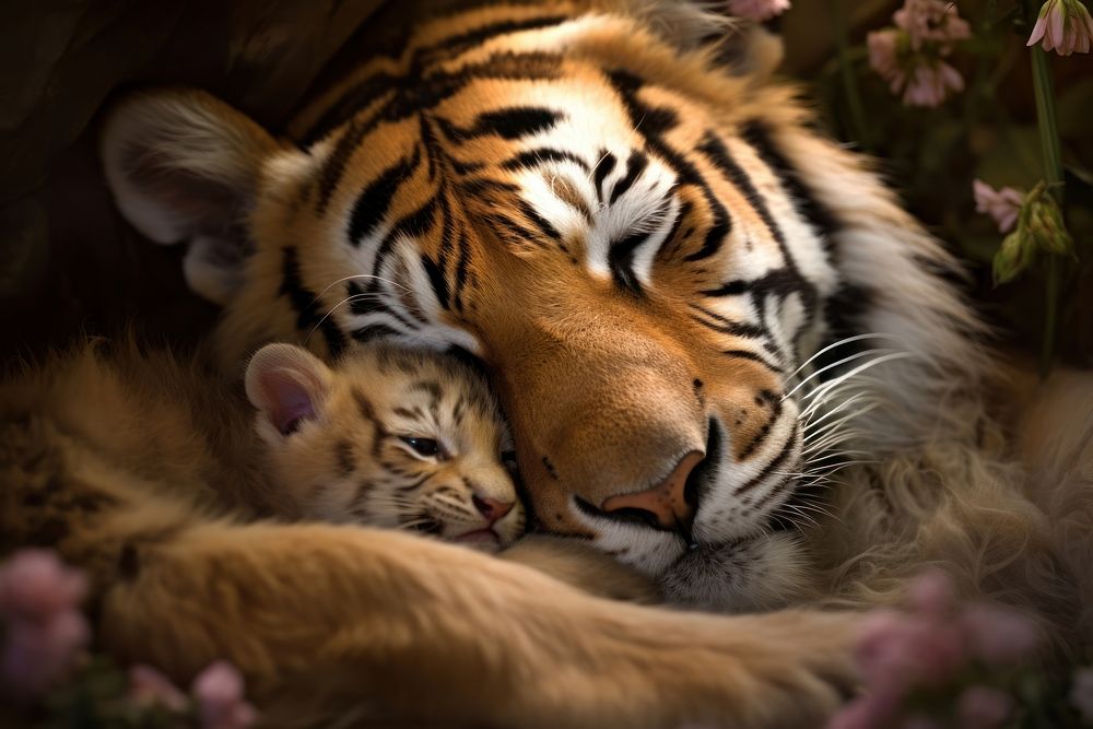 Tiger slepping with baby wildlife animal mammal.