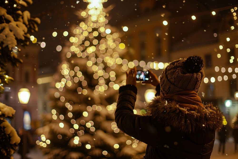 Photo of woman take a photo christmas outdoors light.