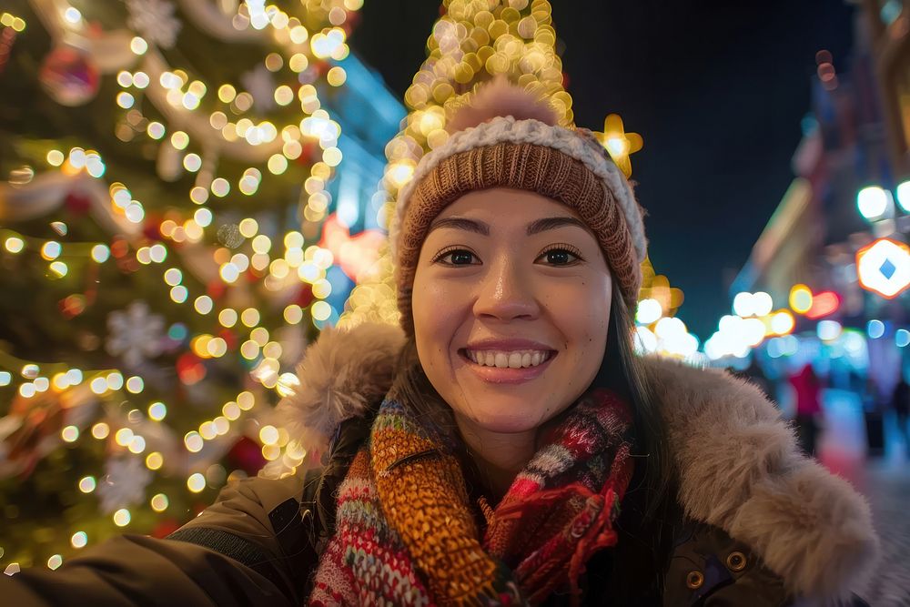 Photo of woman selfie christmas portrait scarf.