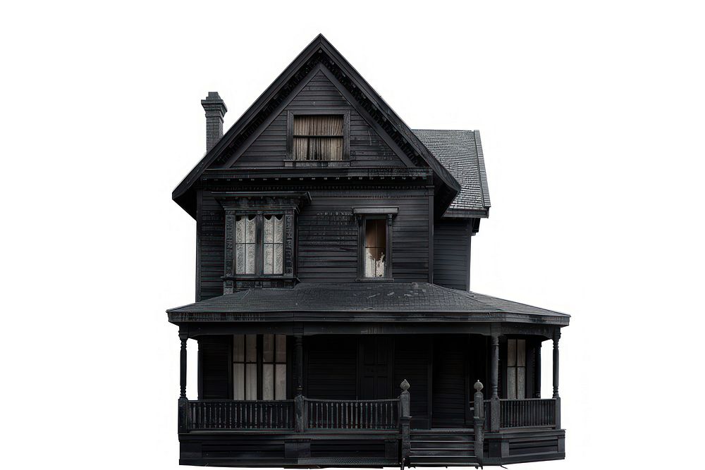 Haunted black house architecture building white background.