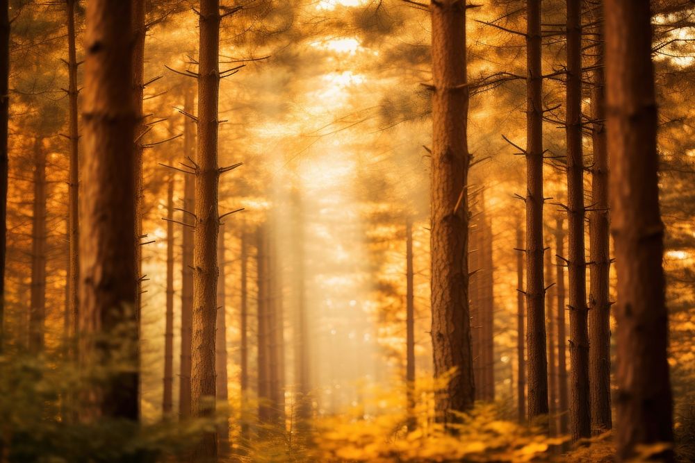 Autumn pine tree forest landscape sunlight outdoors.