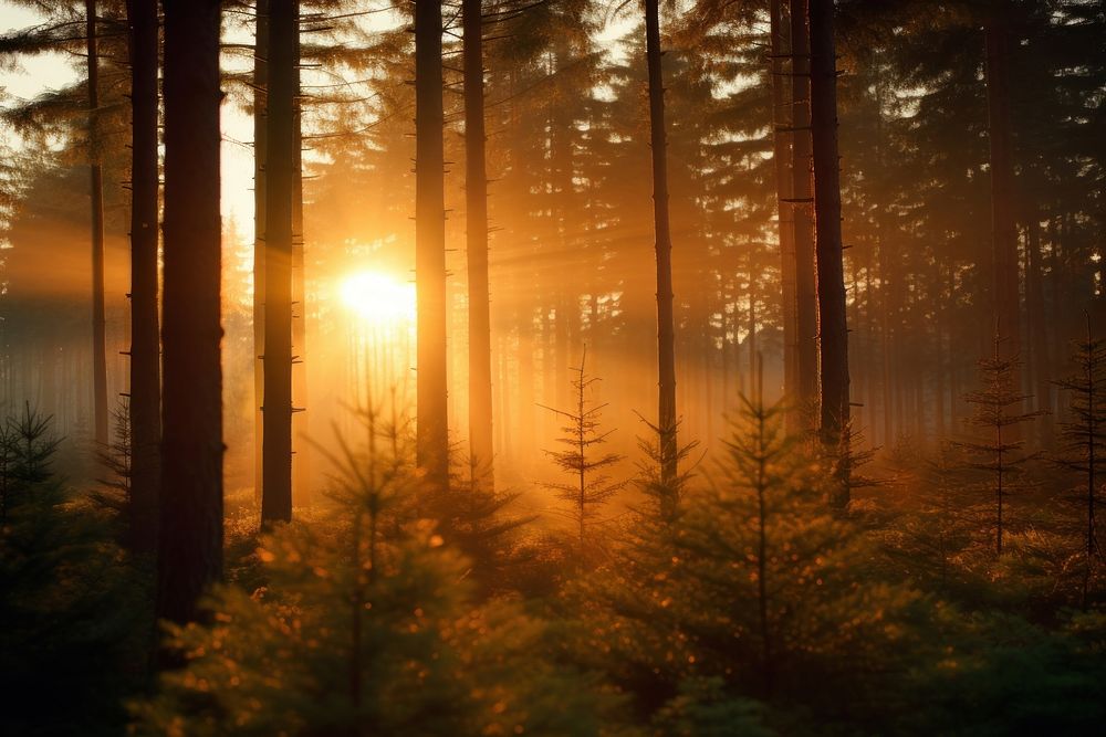 Autumn pine tree forest sun landscape sunlight.