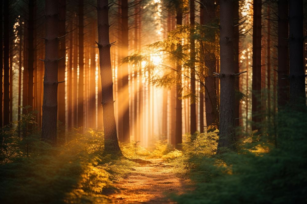 Autumn pine tree forest landscape sunlight outdoors.