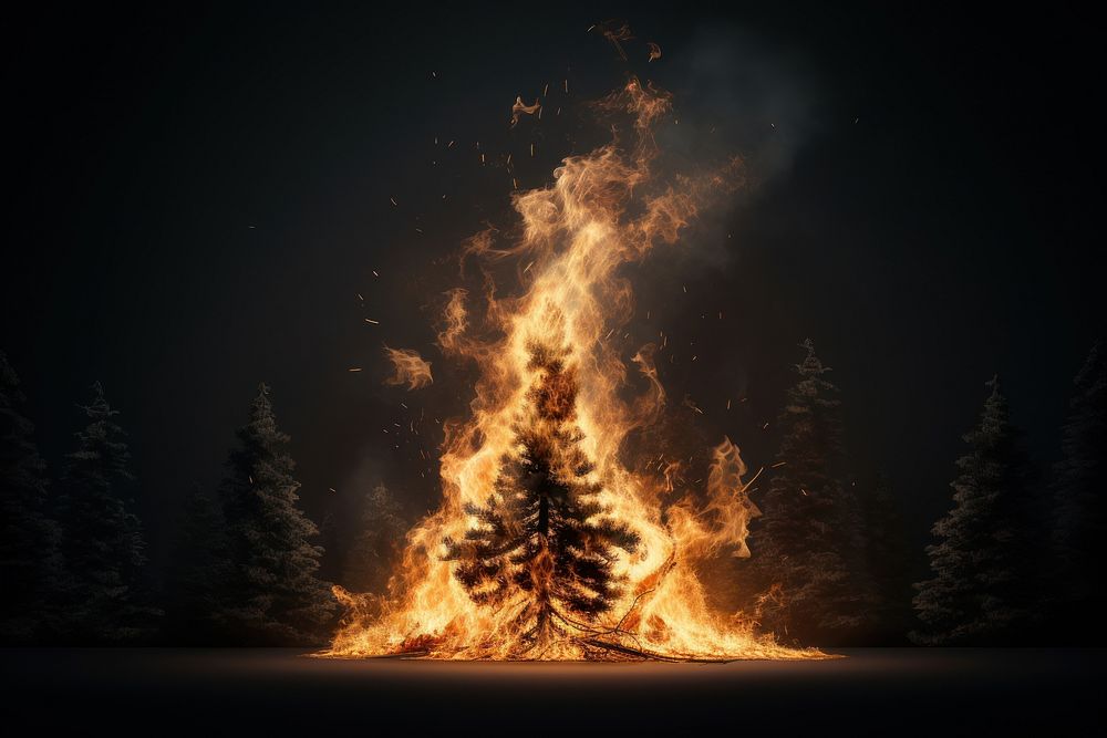 Burning pine tree bonfire burning illuminated.