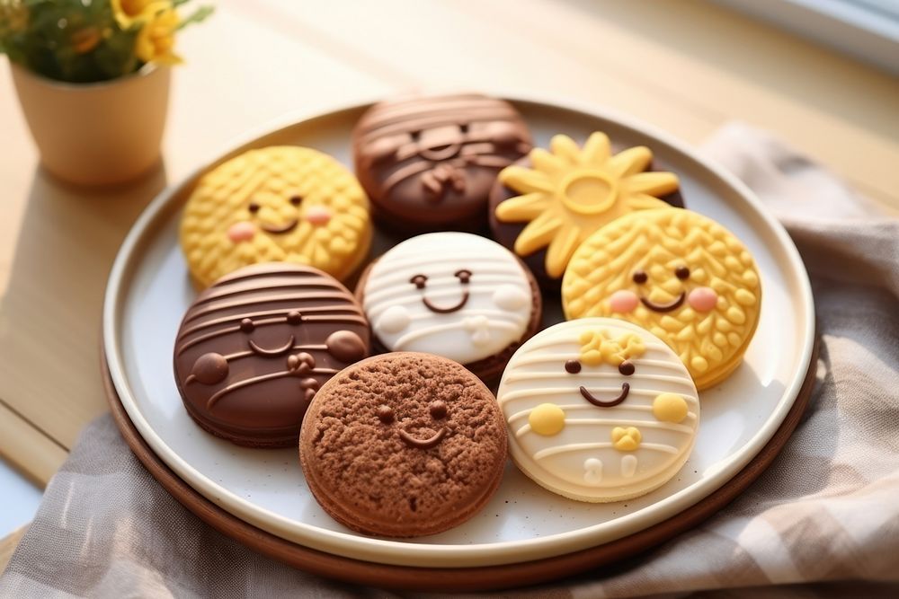 Cute cookies chocolate on dish plate food anthropomorphic.
