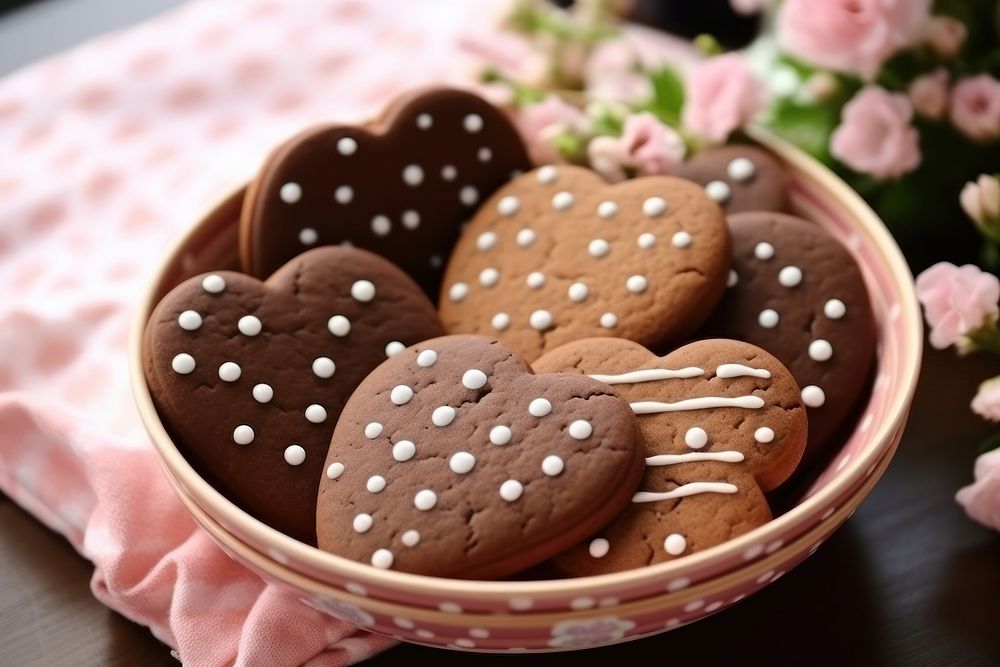 Cute cookies chocolate on dish biscuit food confectionery.
