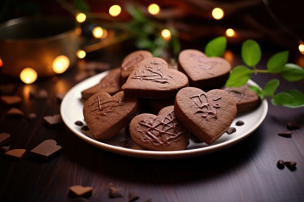 Heart cookies chocolate on dish table plate food.