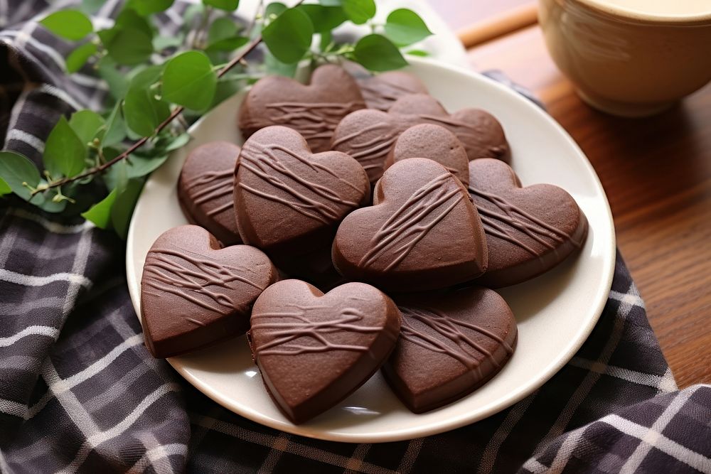 Heart cookies chocolate on dish plate food confectionery.