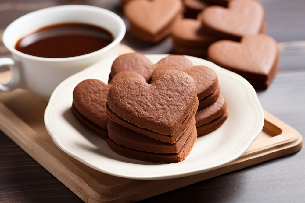 Heart cookies chocolate on dish coffee food confectionery.
