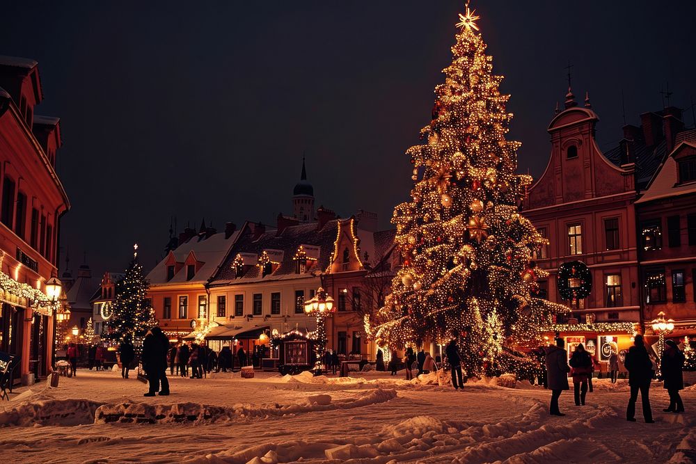 Photo of huge christmas tree night town christmas lights.