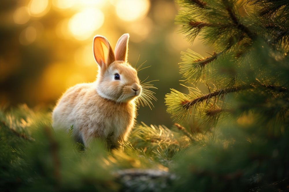 Rabbit with pine tree outdoors rodent animal.