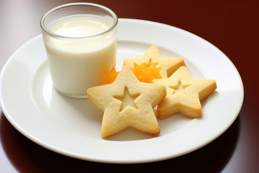 Star cookie on dish food milk confectionery.
