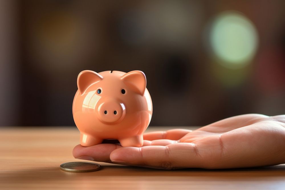 Hand holding coin pig savings representation.
