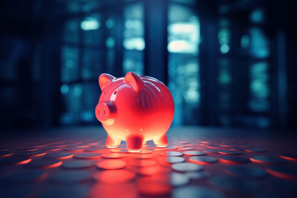 Piggy bank neon coin red representation.