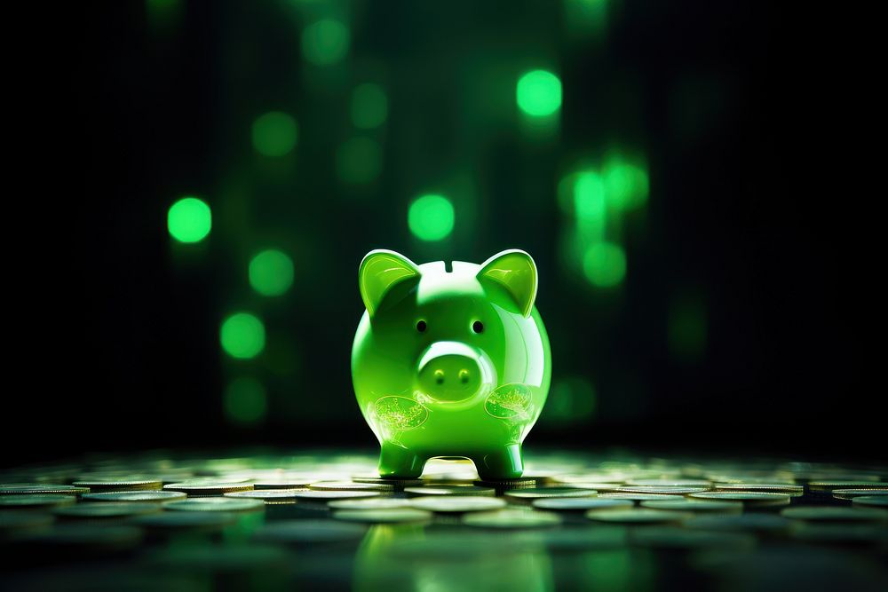 Piggy bank green neon coin representation illuminated.
