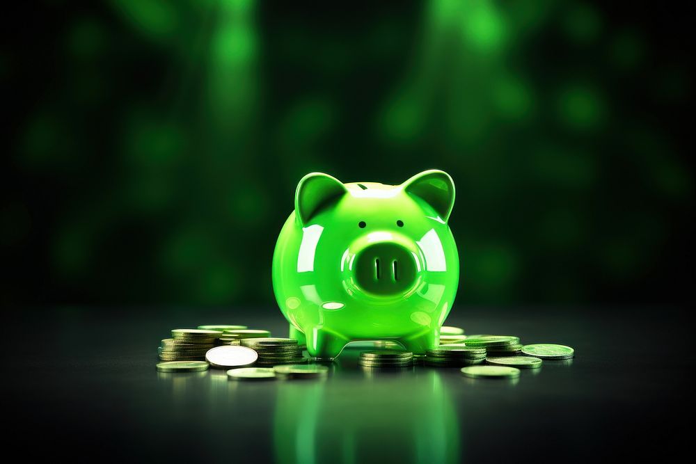 Piggy bank green neon coin investment medication.