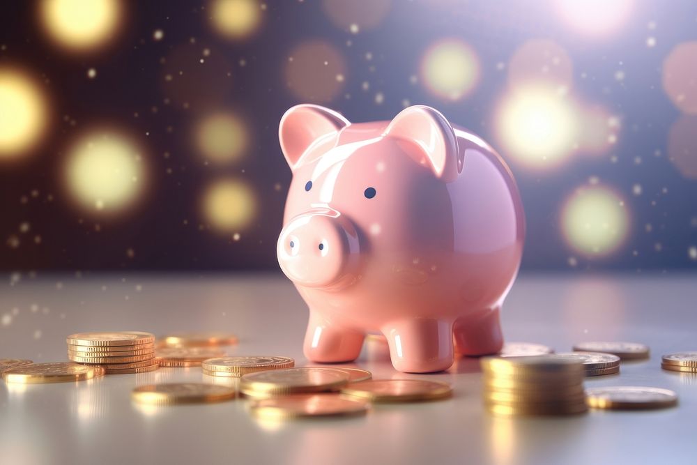 Piggy bank with saving coin savings representation illuminated.