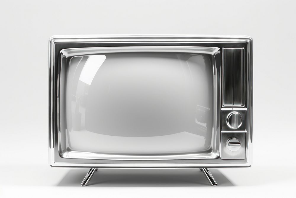 3d render of a television in surreal abstract style screen metal white background.