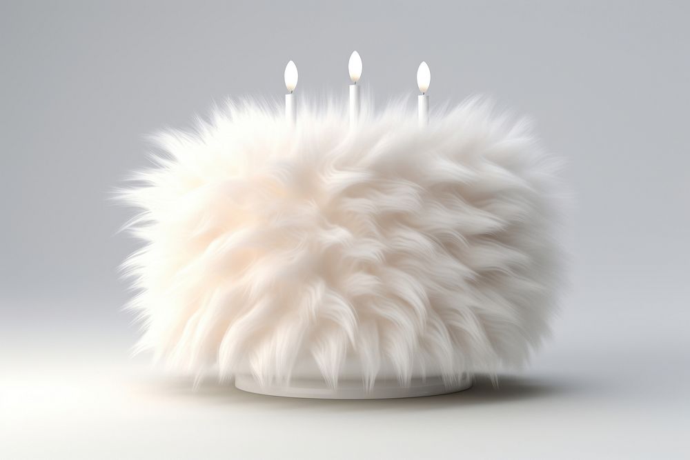 3d render birthday cake fur fluffy dessert candle white.