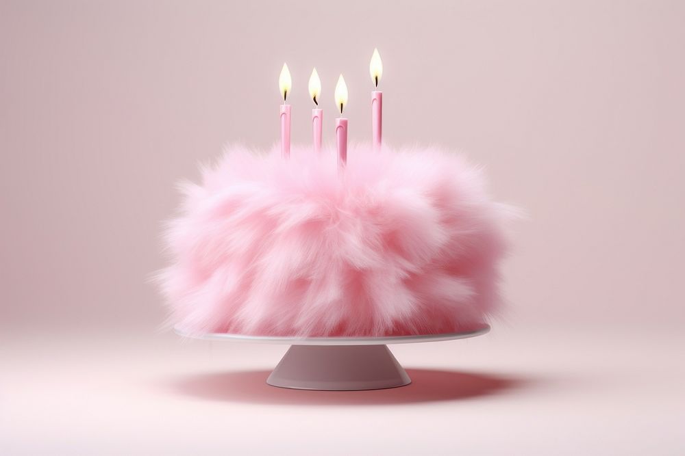 3d render birthday cake fur fluffy dessert candle food.
