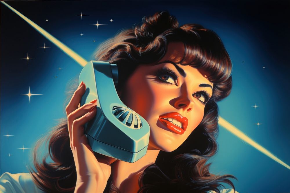 Woman using retro phone adult light art.