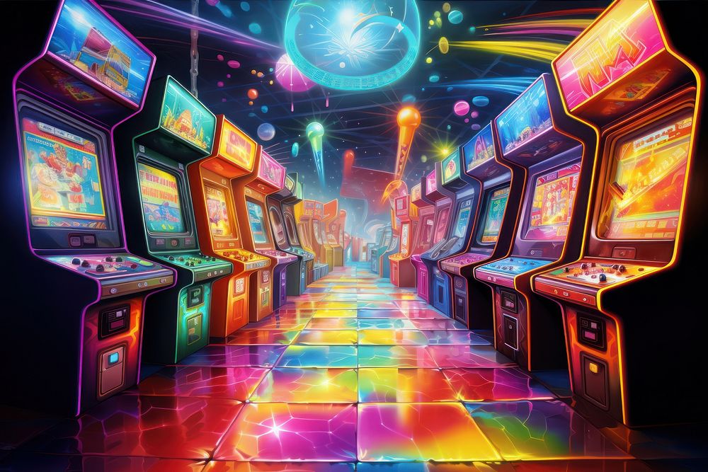 Video game arcade architecture illuminated electronics.