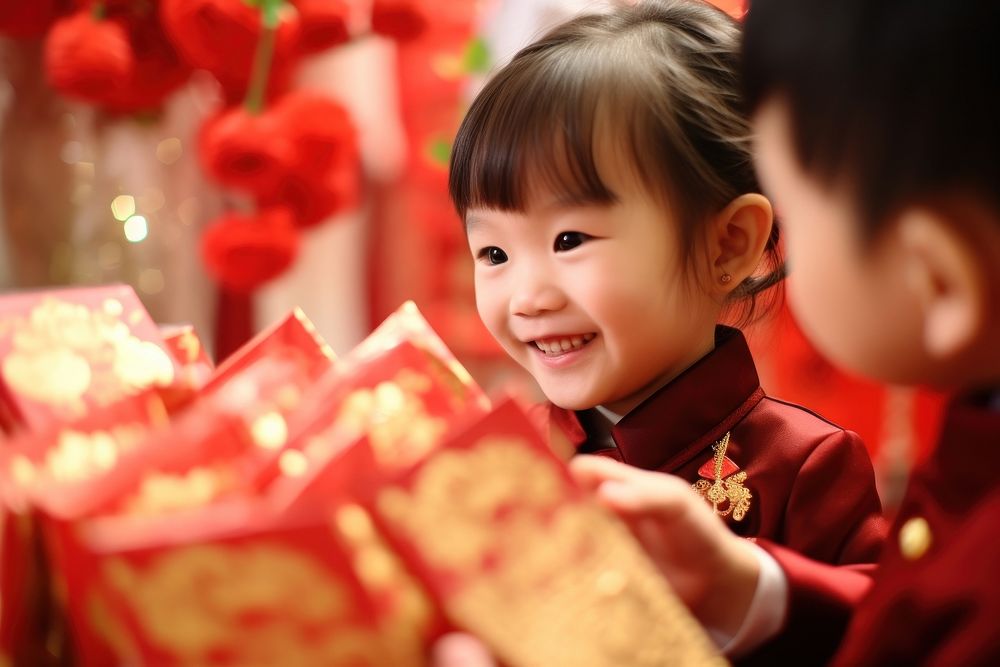 East asian kid sibling receive red envelopes child baby chinese new year.