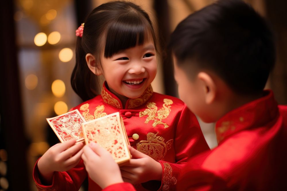 East asian kid sibling receive red envelopes adult chinese new year togetherness.