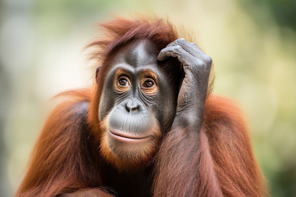Orangutan looking confused wildlife monkey animal.
