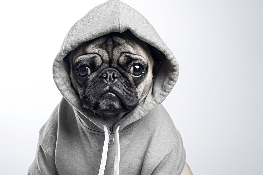 Confused pug sweatshirt portrait mammal.