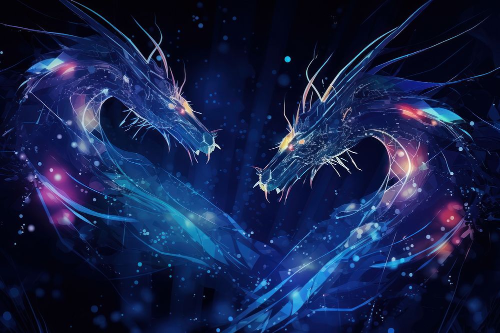 Abstract flying dragons on a dark blue background abstract animal illuminated.