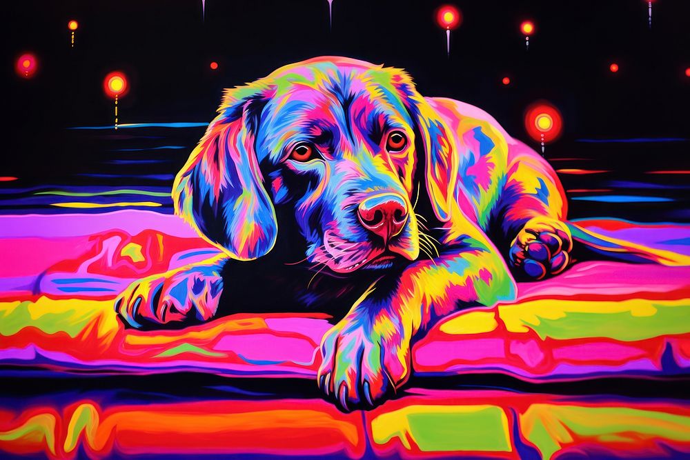 Black light oil painting of dog animal mammal purple.