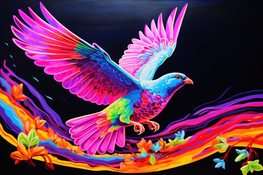 Black light oil painting of flying bird purple parrot blue.