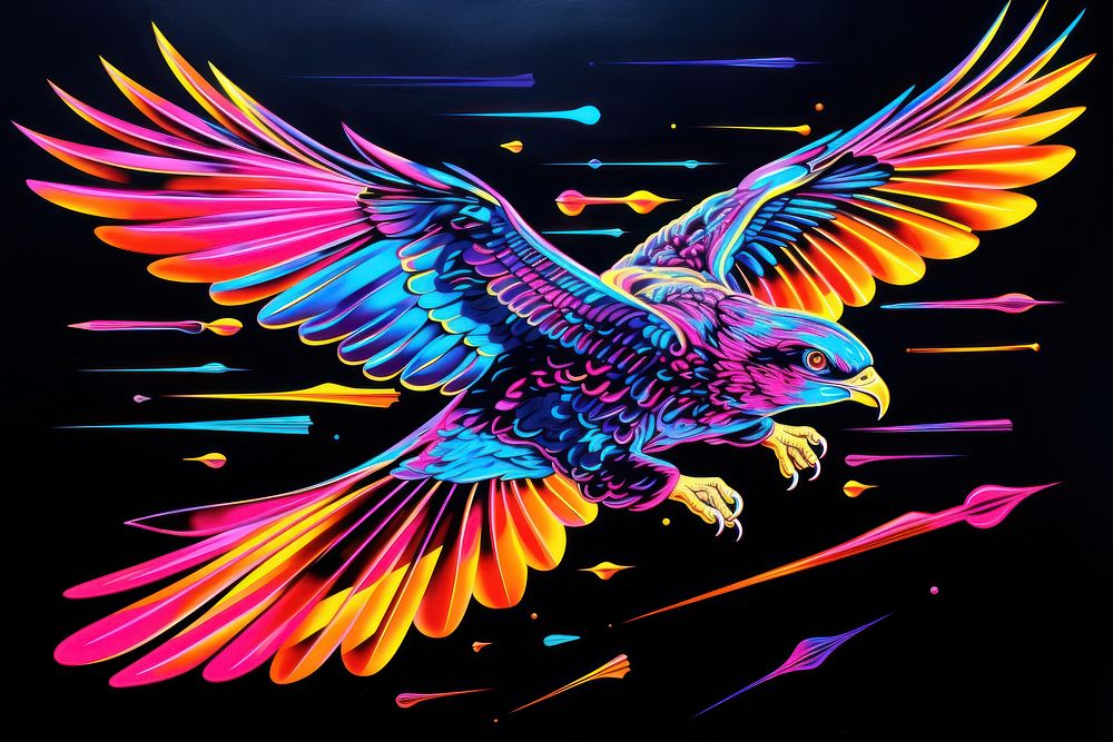 Black light oil painting of flying bird animal purple blue.