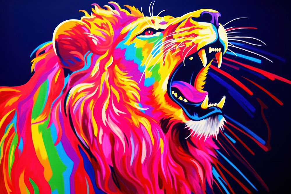 Black light oil painting of lion roar mammal animal purple.