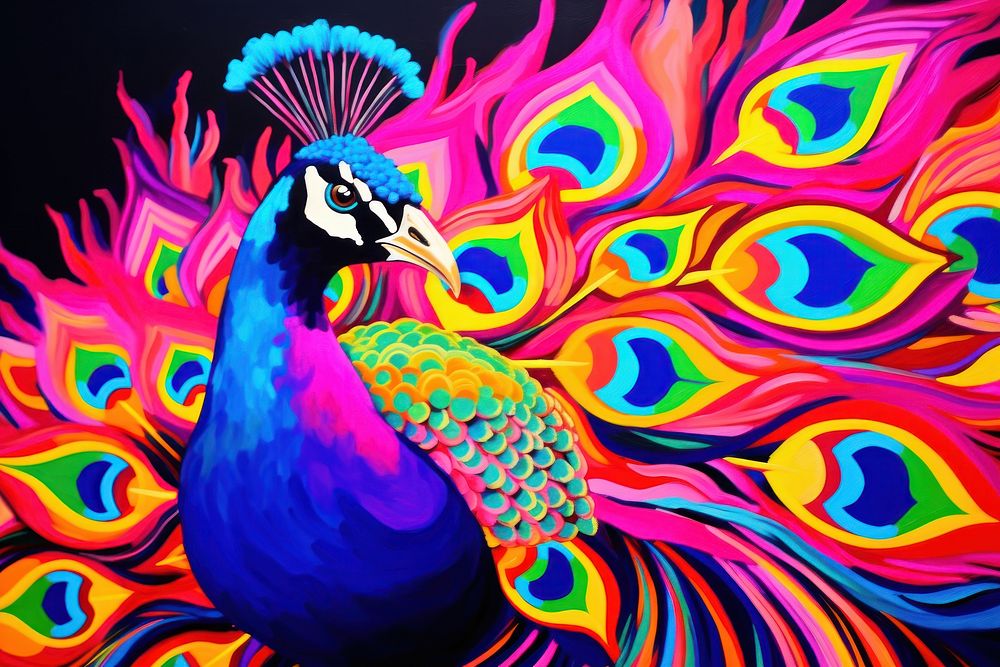 Black light oil painting of peacock pattern animal purple.