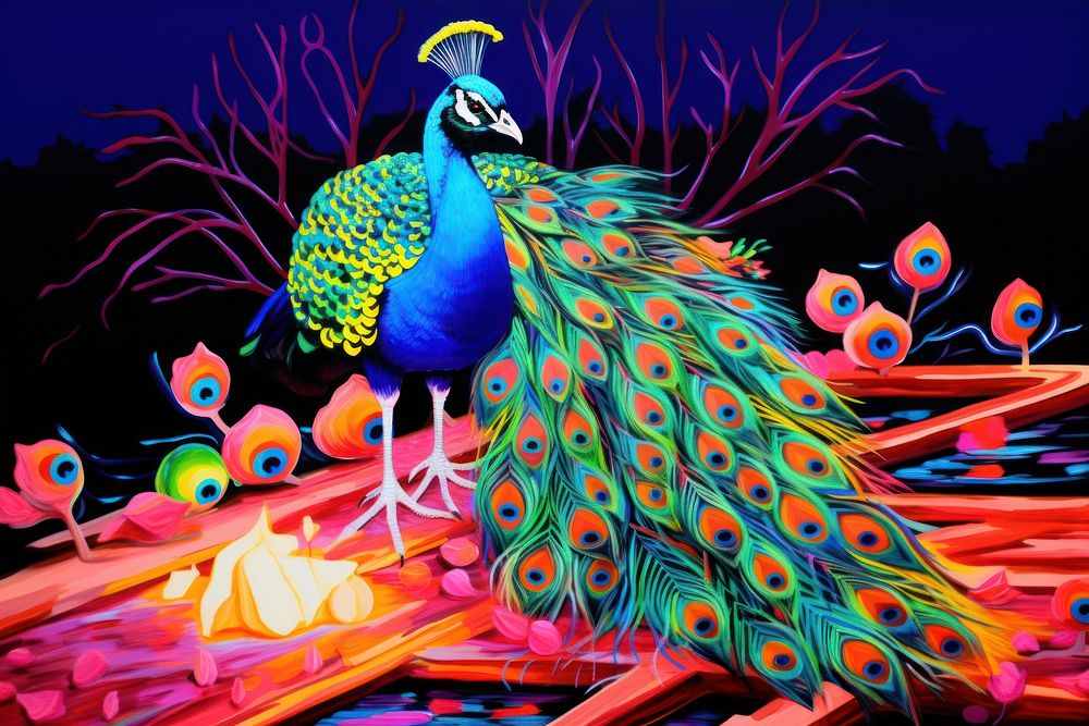 Black light oil painting of peacock animal bird blue.