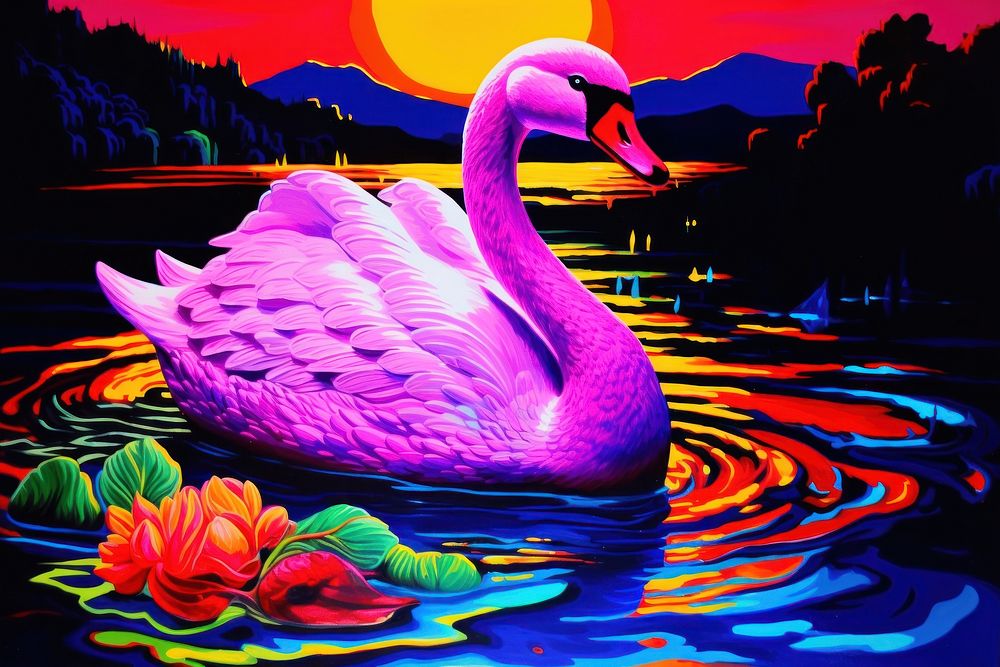 Black light oil painting of swan outdoors nature purple.