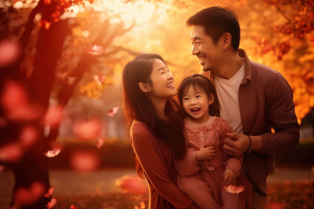 Asian family cheerful sunset adult.